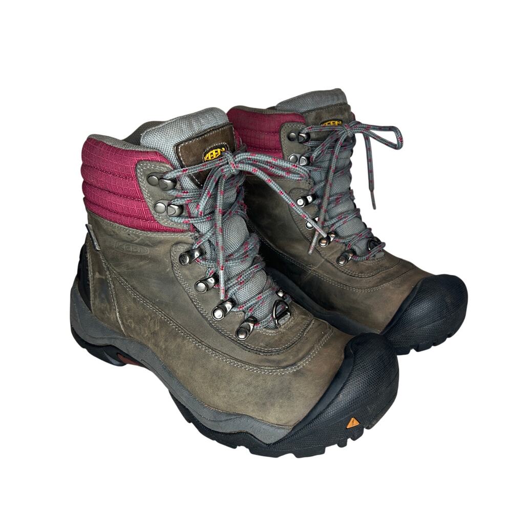 KEEN Womens 8.5 Boots Revel II Leather Mid Hiking Grey Red Insulated Waterproof